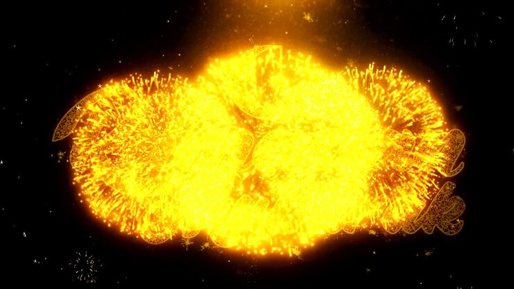 Ramadan Mubarak Text Wish On Firework Display Explosion Particles.