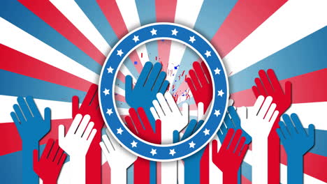 raising hands in red, white, and blue over stars and stripes animation