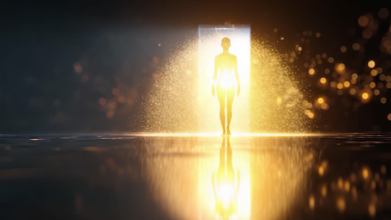 A captivating figure emerges through a glowing doorway, illuminated by radiant light and sparkling particles, symbolizing transformation and new beginnings