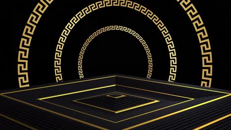 Animation-of-golden-patterned-circles-over-moving-square-surface-with-black-background