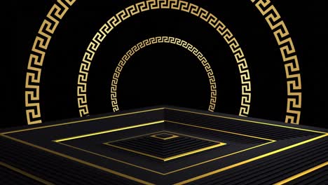 animación de círculos de patrón dorado sobre una superficie cuadrada móvil con fondo negro