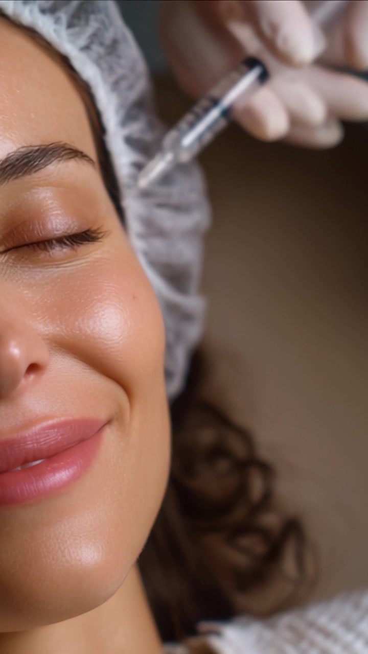 Procedimiento Estético: Primer plano de mujer recibiendo inyección facial para realzar la belleza y rejuvenecer la piel en clínica de cosmetología.