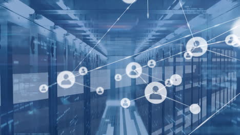 animation of network of connections with people icons over computer servers