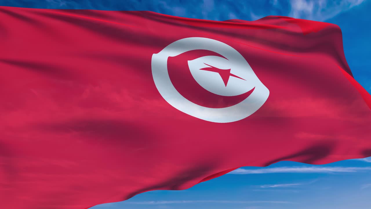Bulutlu gökyüzüne karşı kumaş dokulu Tunus bayrağı (döngülenebilir).