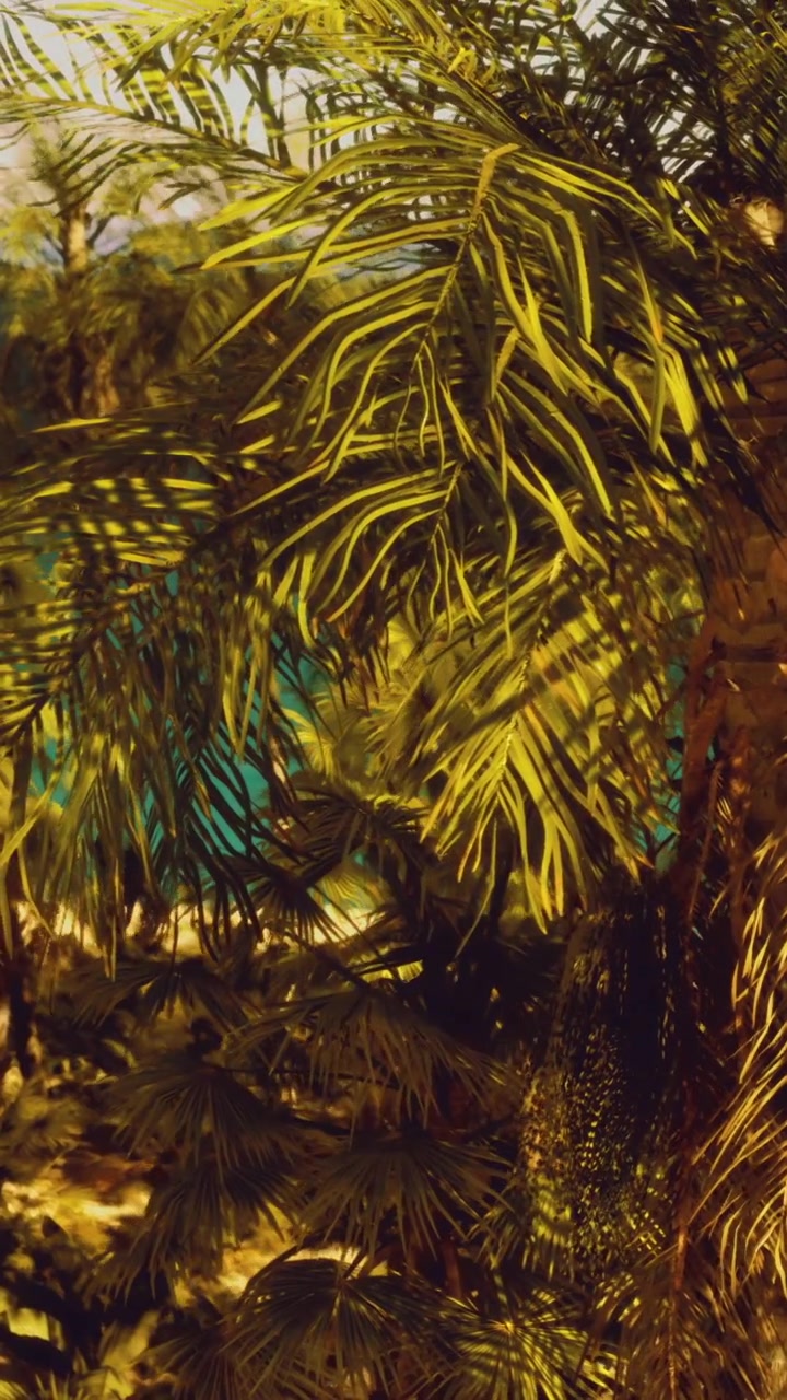 Palm tree leaves and shadows near water during daylight in tropical setting
