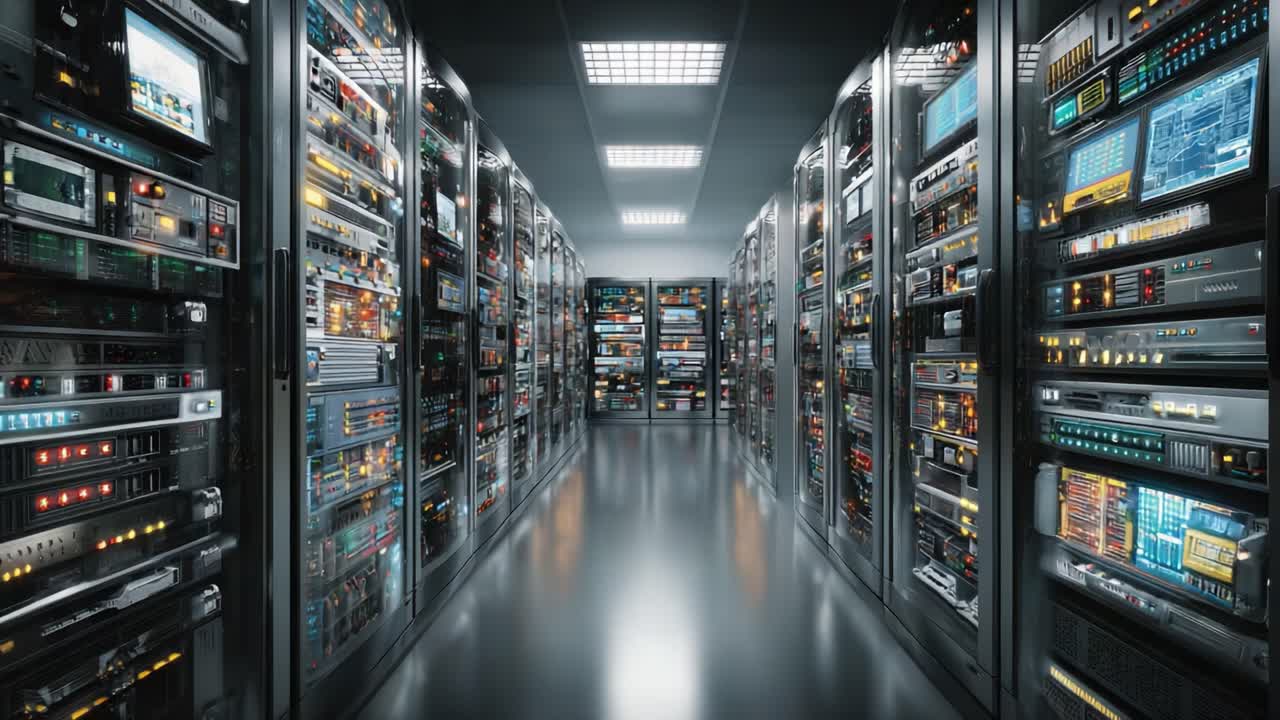 Et højteknologisk datacenter med rækker af servere med oplyste skærme og et elegant metalgulv, der eksemplificerer moderne datalagringsløsninger og infrastruktur