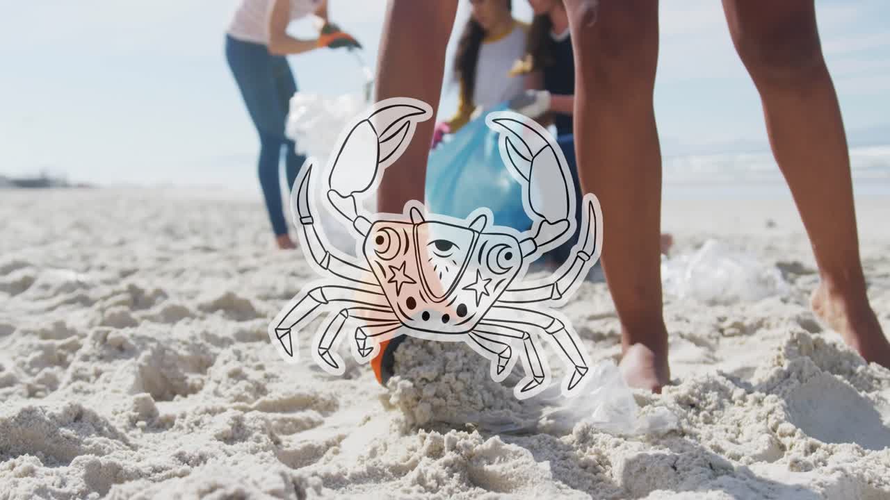 Animation af krebsens symbol over forskellige kvindelige og mandlige frivillige, der samler affald på stranden