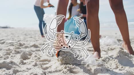 animación del símbolo del cáncer sobre diversos voluntarios femeninos y masculinos recogiendo basura en la playa