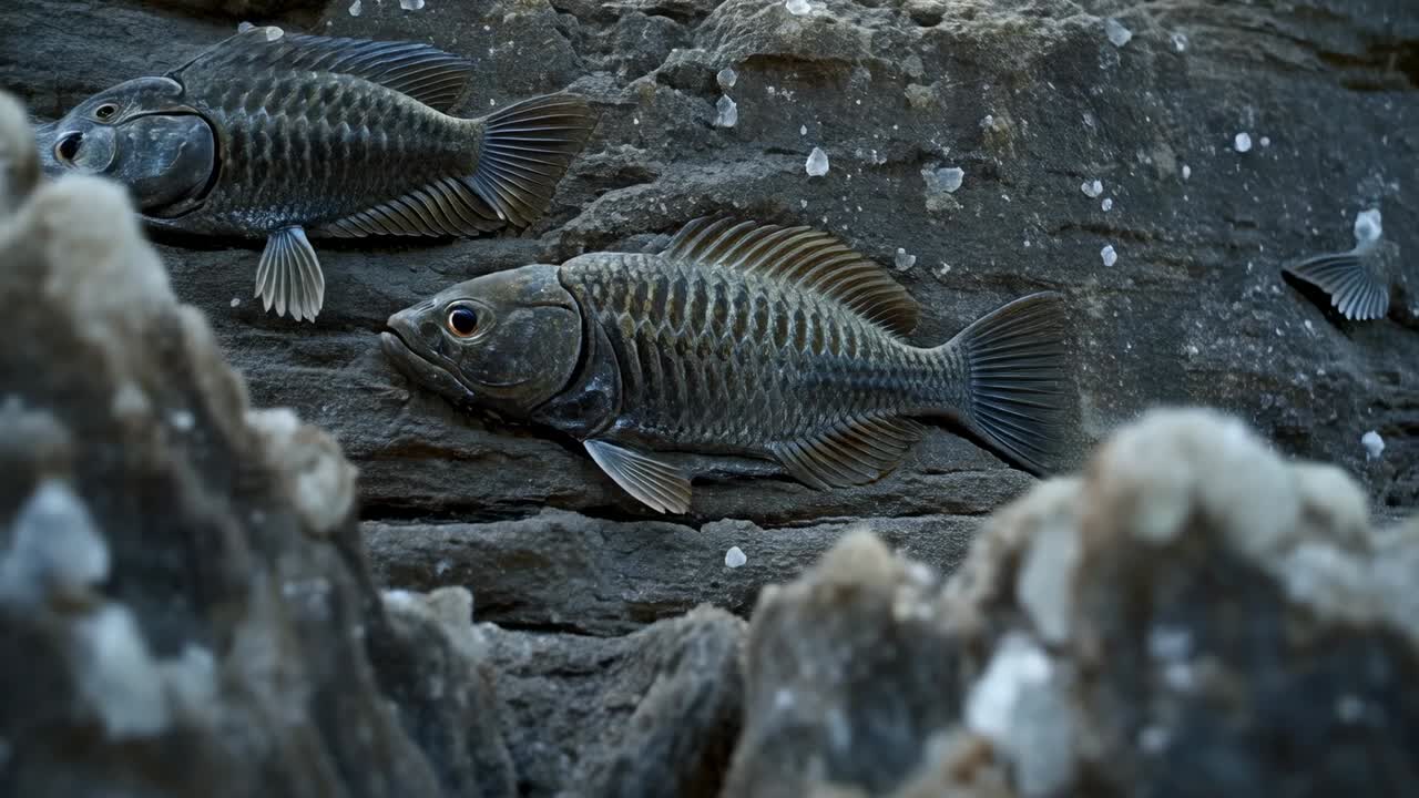 La camera si allontana mostrando un gruppo di pesci costoluti aggrappati e appoggiati a sporgenze rocciose con cirripedi