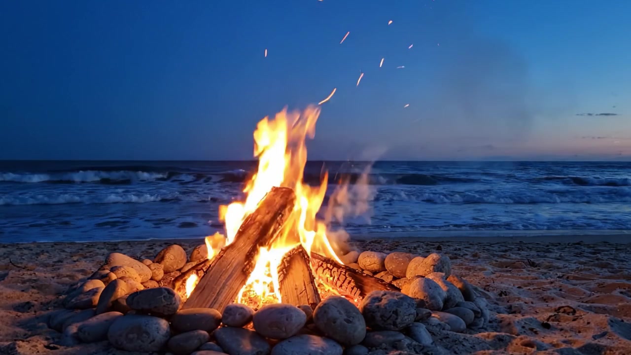 Un bellissimo braciere sulla spiaggia sotto un cielo crepuscolare, cogliendo il calore e la luce delle fiamme contro la fresca brezza marina al tramonto.