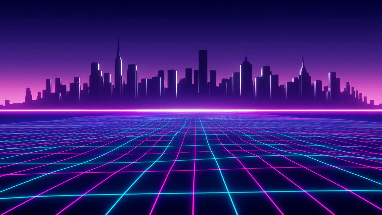 Synthwave Cityscape with Neon Grid