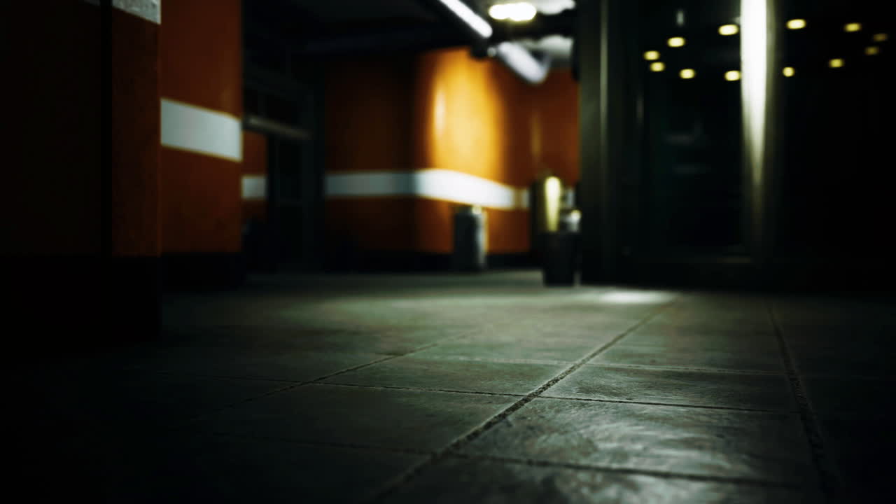 Urban underground corridor with orange walls and dim lighting in evening
