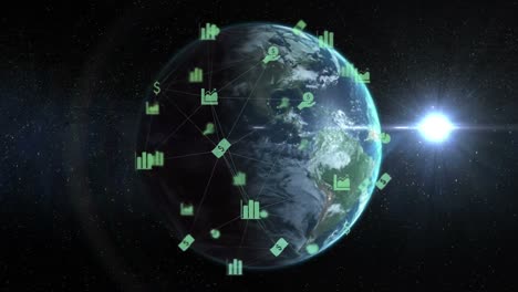 video composito digitale di una rete di connessioni con icone che si muovono contro il globo rotante sullo sfondo