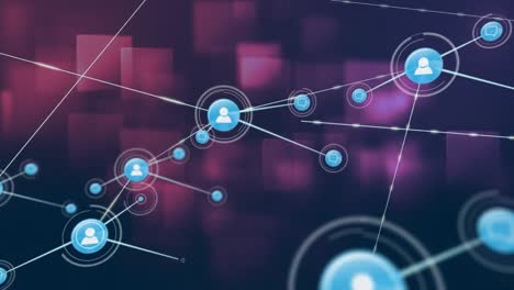 animación de una red de iconos digitales sobre formas cuadradas flotando contra un fondo púrpura