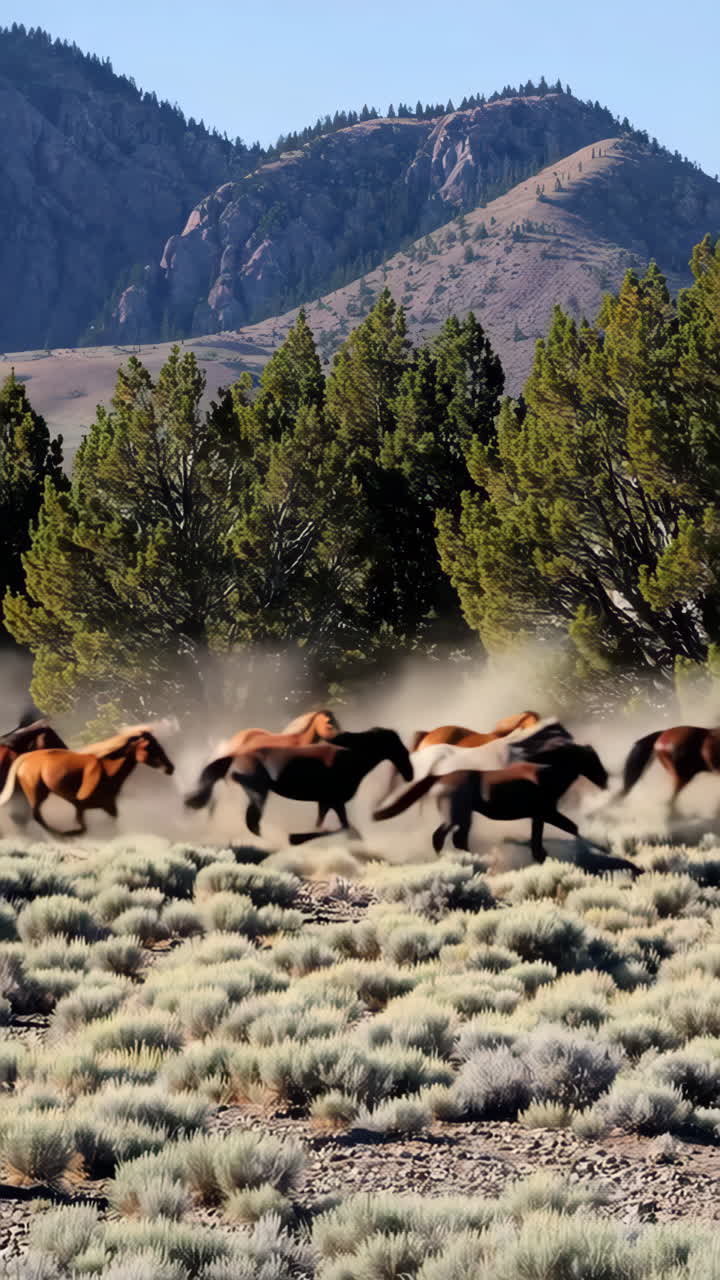Cavalos Selvagens Correndo por uma Floresta de Montanha