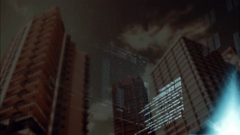 animation of interface with data processing and blue light spot against tall buildings