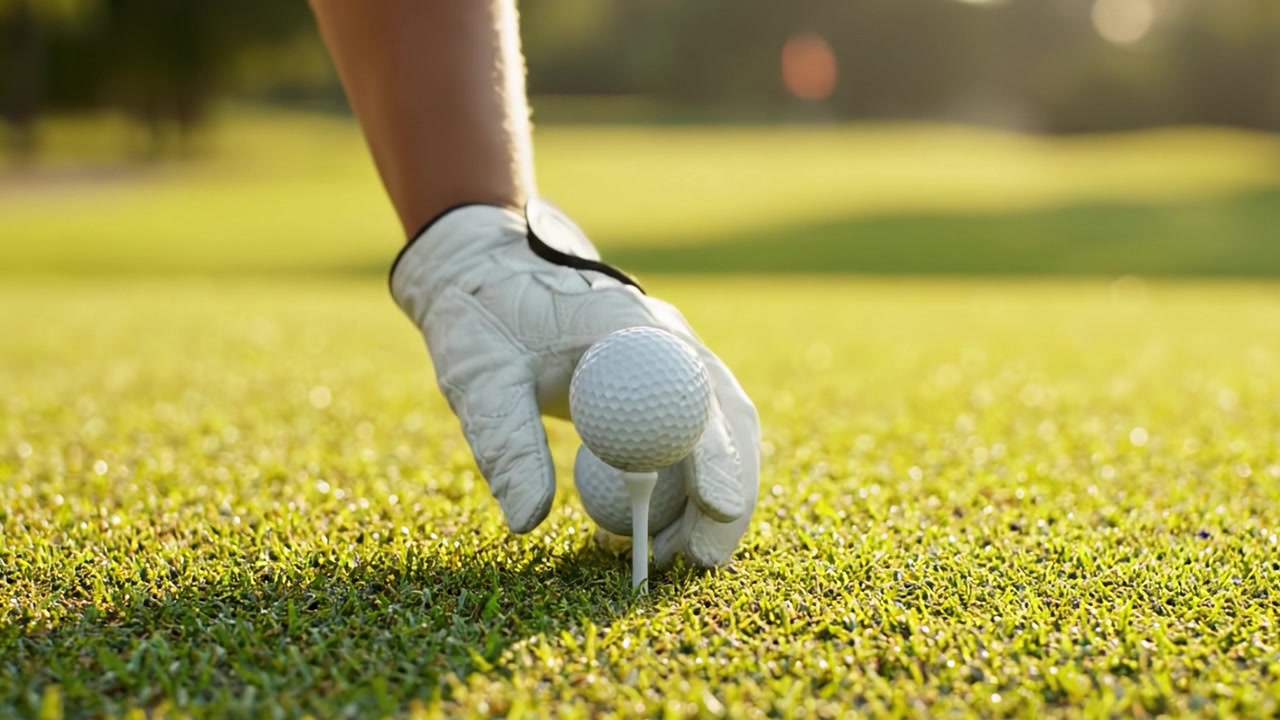 Een golfer bereidt zich voor op de afslag: Het moment vastleggen voor de swing op een zonovergoten groene golfbaan