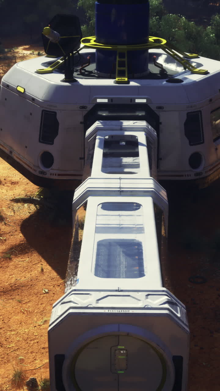 Futuristic space habitat located on a barren alien landscape under a clear sky