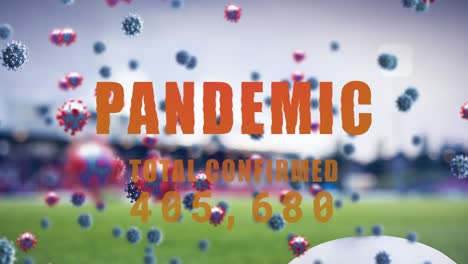 texto pandémico con casos crecientes y múltiples células de covid-19 flotando contra el estadio deportivo