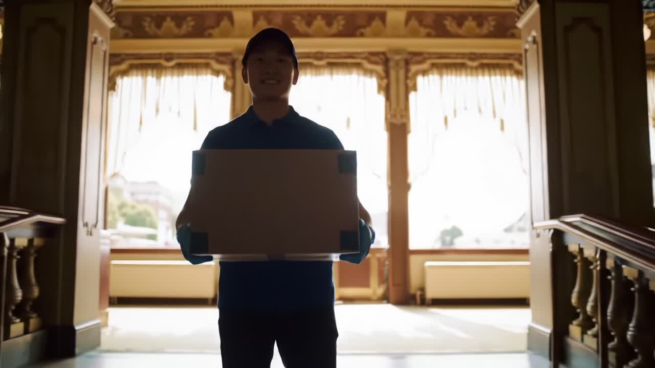 A courier enters a grand building, cheerfully carrying a delivery box while illuminated by natural light filtering through ornate windows and highlighting the architecture