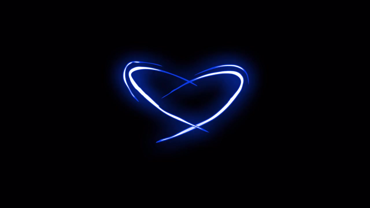 Animazione a forma di cuore al neon blu luminoso su sfondo scuro.