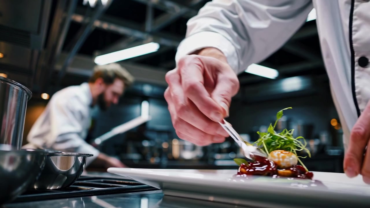 Professionel kok anretter gourmetret i restaurantkøkken