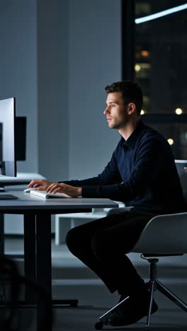 man working on computer late at night in a dark office