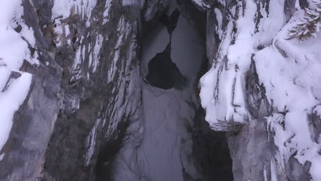 overhead view of winter river in bottom of deep rocky mountain canyon