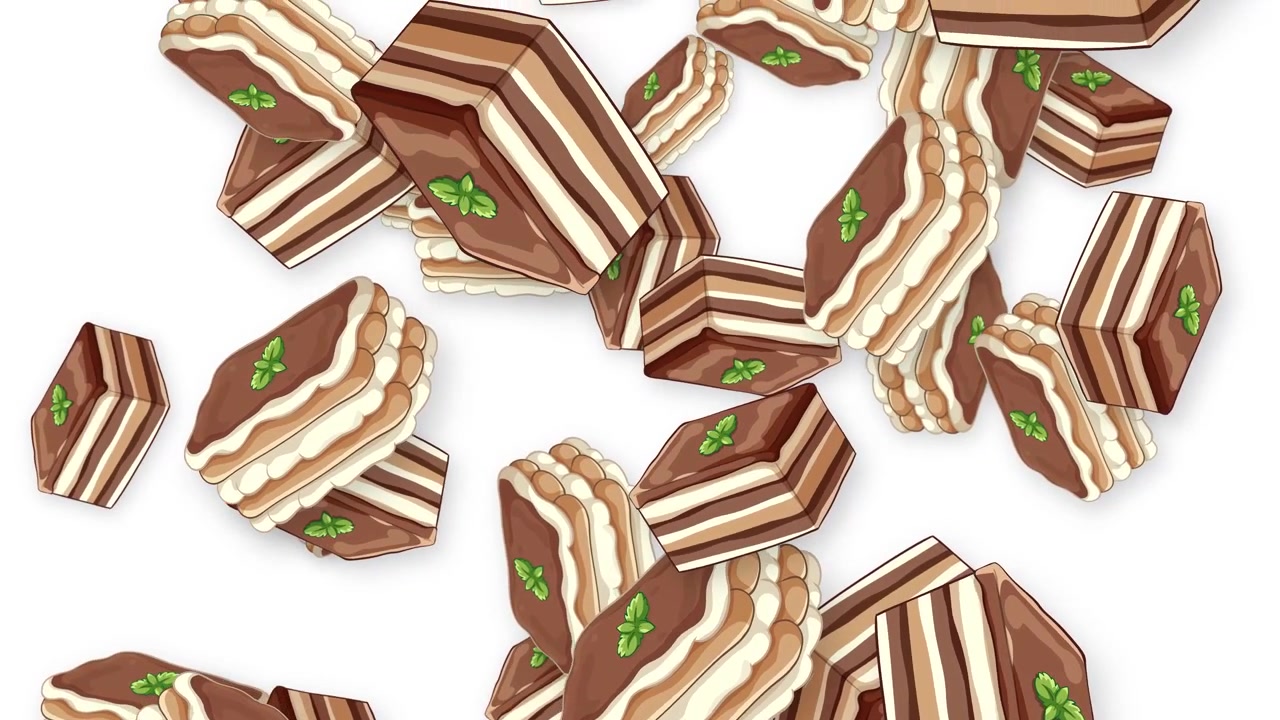 Layered chocolate and cream cake slices fall and rotate against a clean white background.