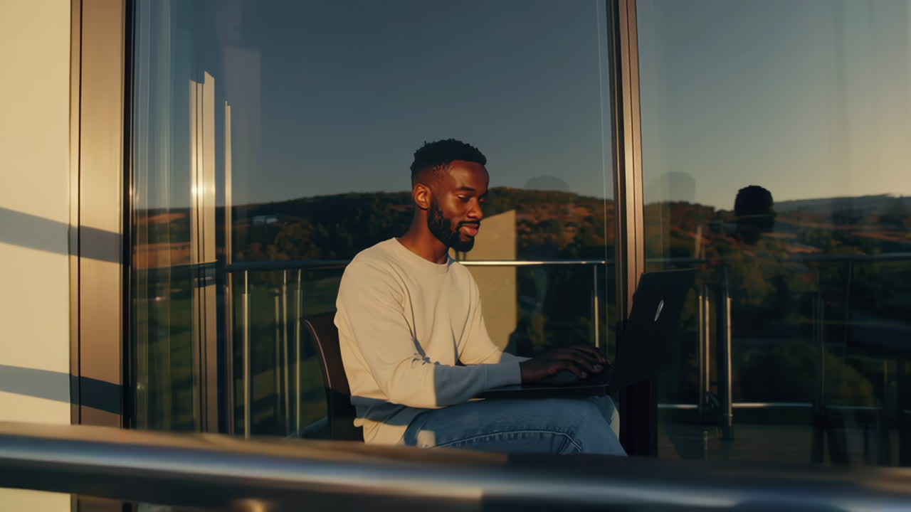 Man working on laptop from a modern balcony with a scenic view