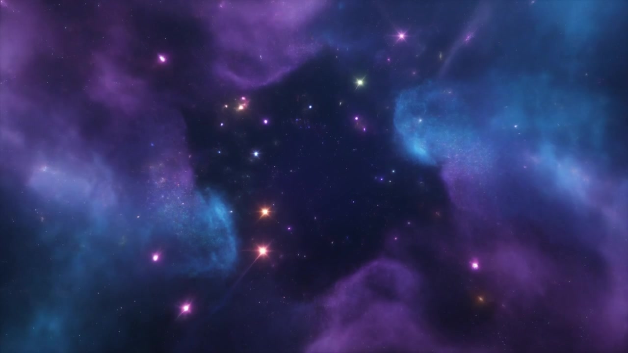 Vuelo cinematográfico a través de una nebulosa púrpura y azul vibrante