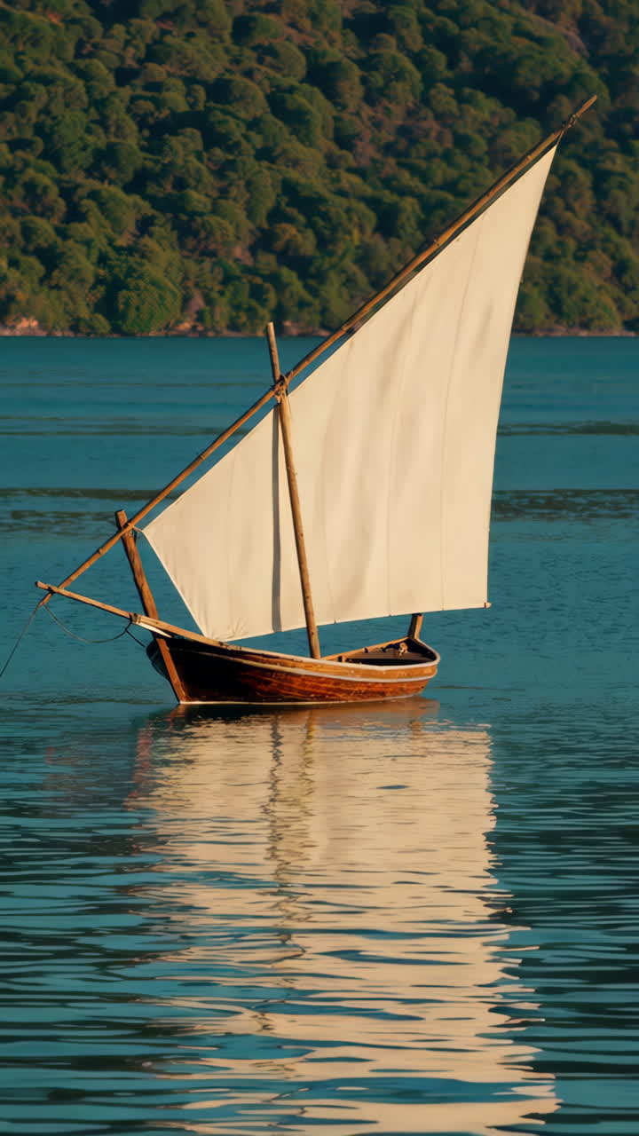 Traditional Wooden Sailboat on Calm Water