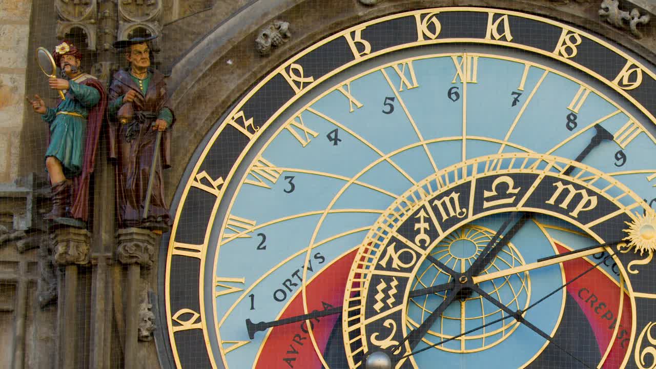Close-up of Prague astronomical clock face, ornate details, statues, smooth camera pan, daylight
