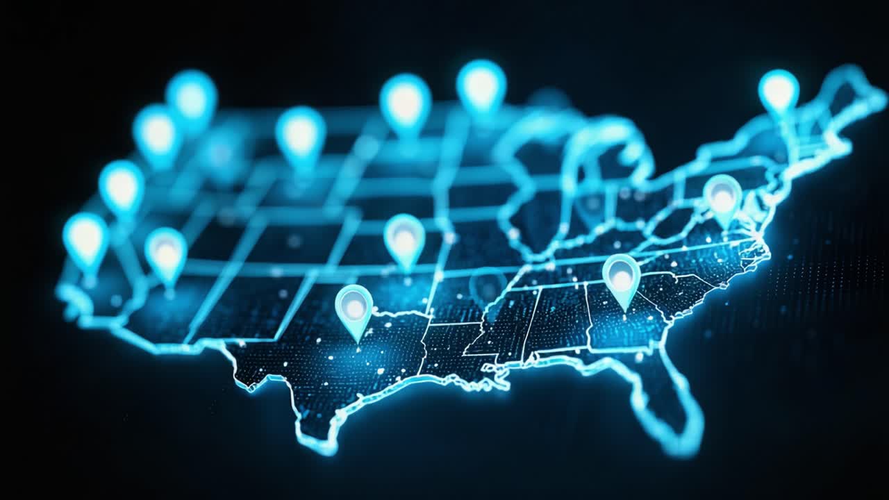 A Dynamic Visual Representation of a United States Map Highlighting Key Locations with Interactive Markers and a Futuristic Design