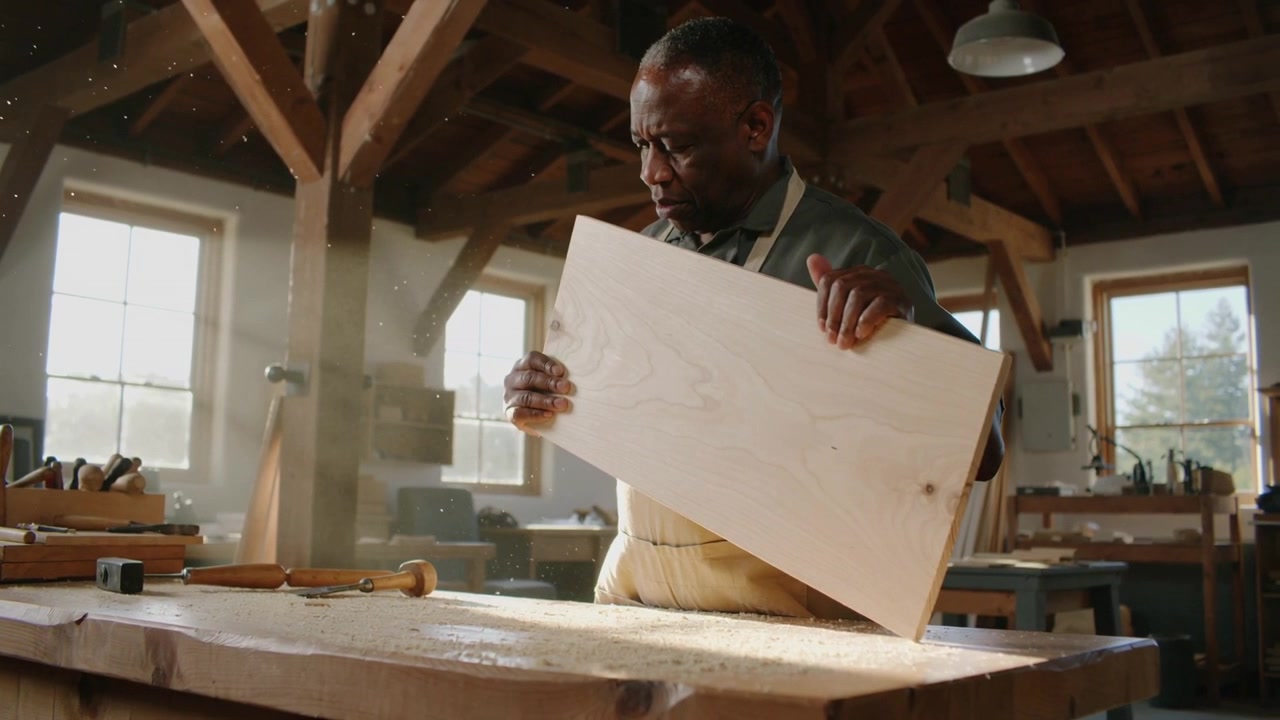 Lifting plank off workbench, carpenter wearing apron and shirt inspecting grain with plane