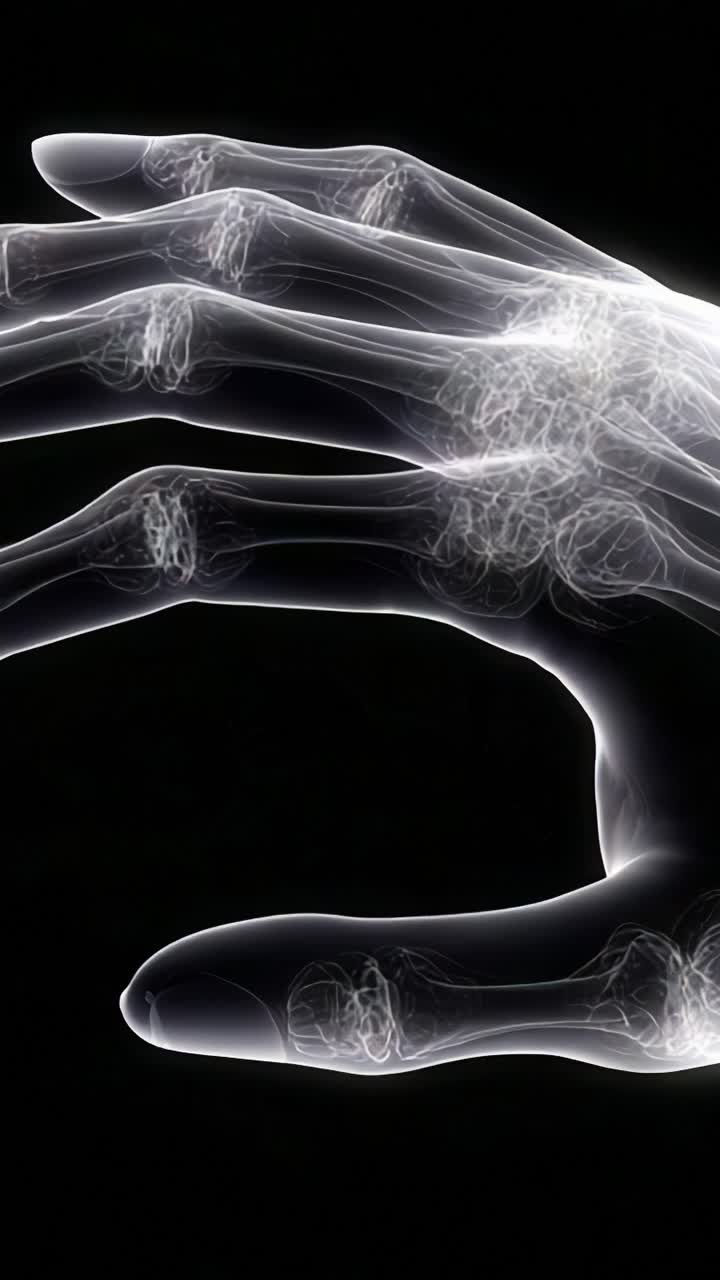 Esplorando le complessità della mano umana attraverso la visualizzazione a raggi X, evidenziando la struttura ossea, le articolazioni e i movimenti sottili in un contrasto sorprendente