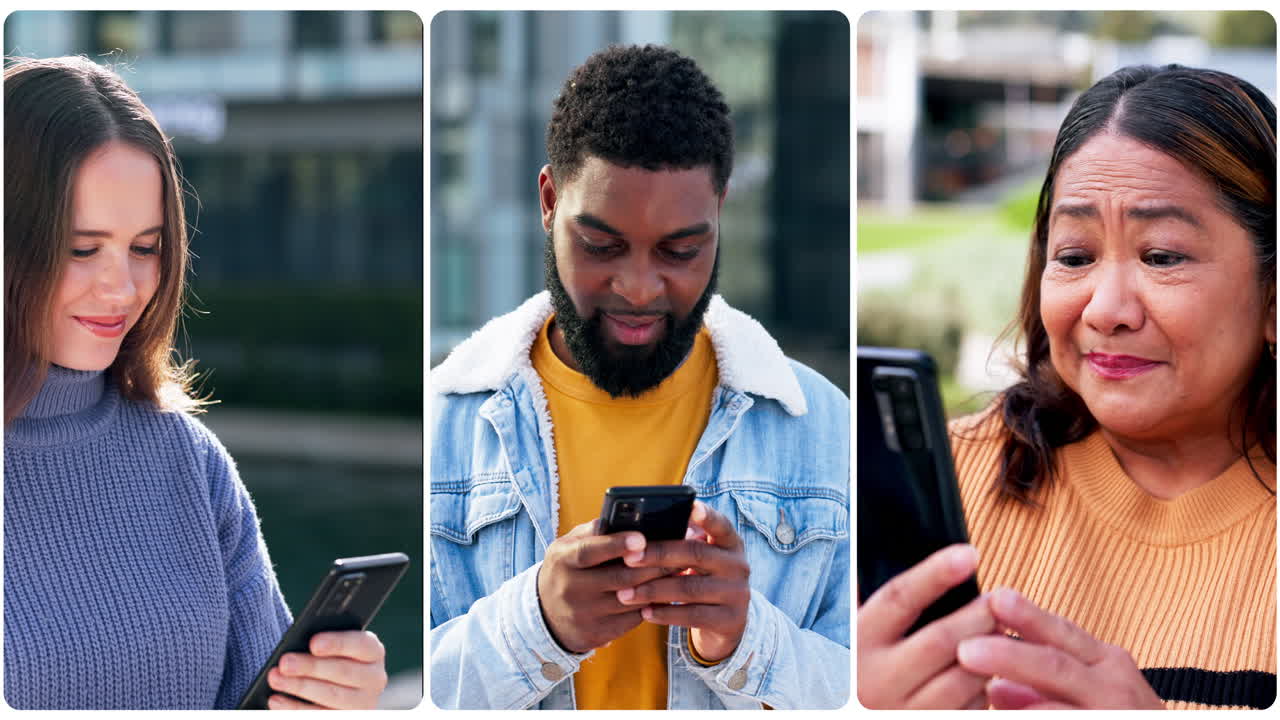 Collage, people and smartphone