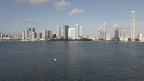 Low-Biscayne-Bay-flyover-to-skyscrapers-of-Edgewater-District,-Miami