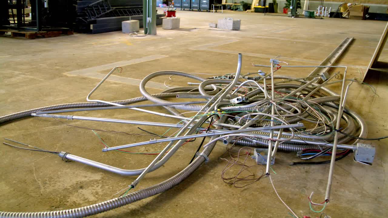 Metal electrical conduit on the floor of a warehouse construction site with video dolly right to left.
