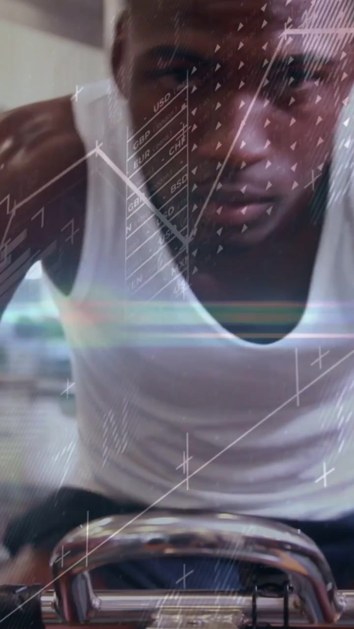 Vertical video: Man gripping bars and pulling in gym training, animated charts overlaying torso