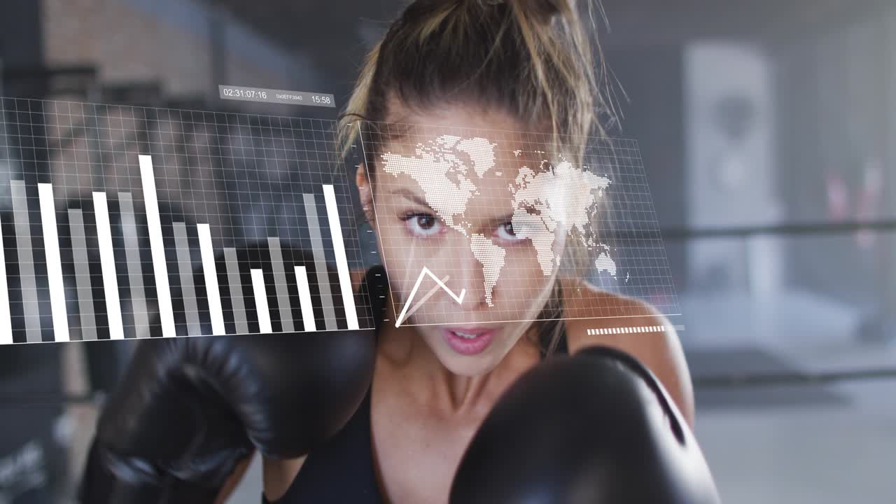 Female boxer advancing and jabbing in gym, HUD graphs appearing as gloves move tracking stats