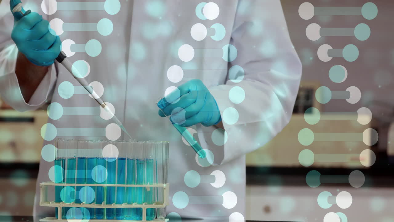 animación de cadenas de adn procesamiento de datos sobre científico caucásico masculino en el laboratorio