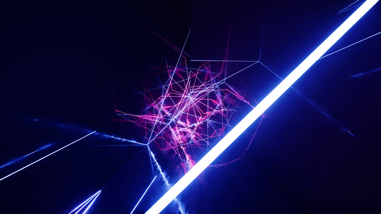 túnel oscuro con líneas de neón brillantes, renderización en 3d.