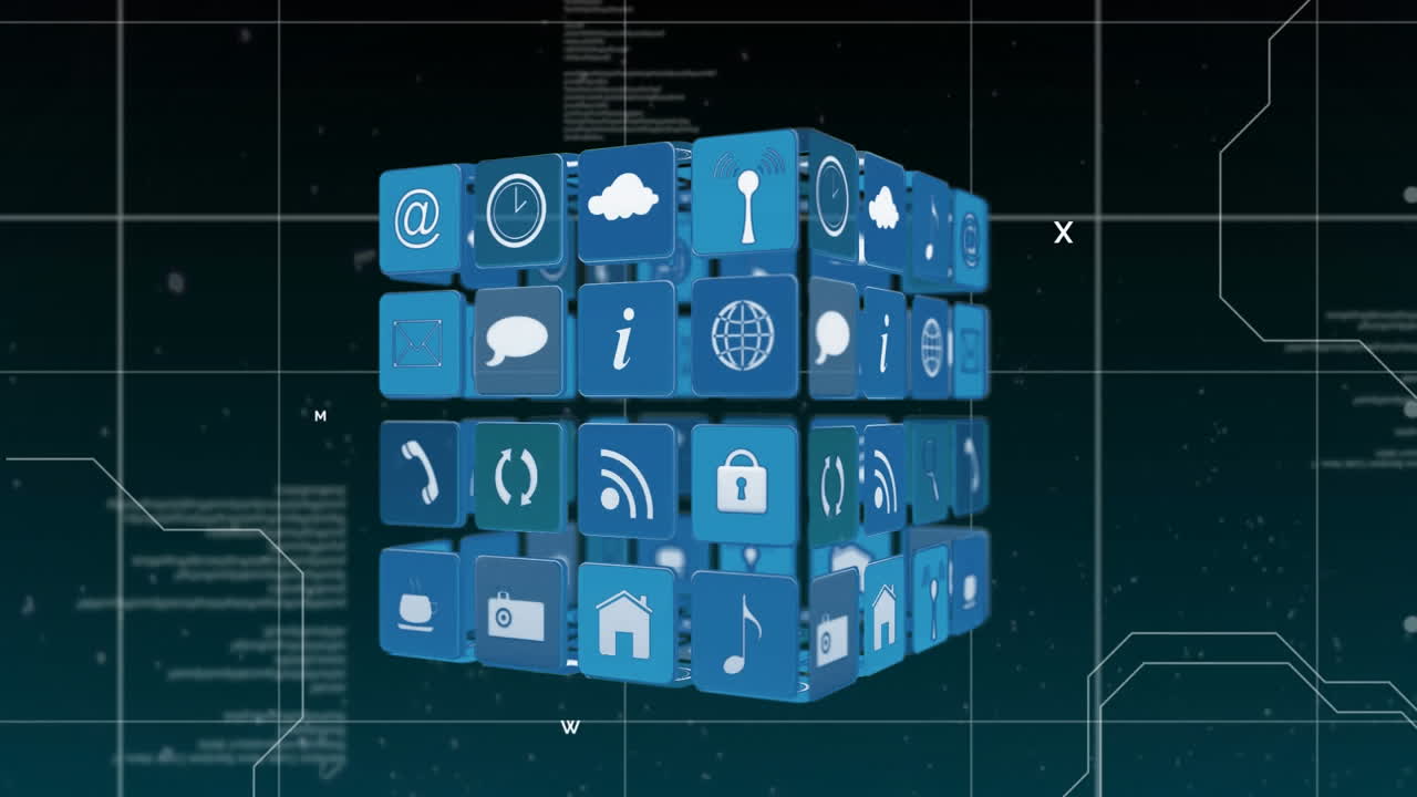 animación de iconos y símbolos de internet para los medios sociales con códigos de interfaz