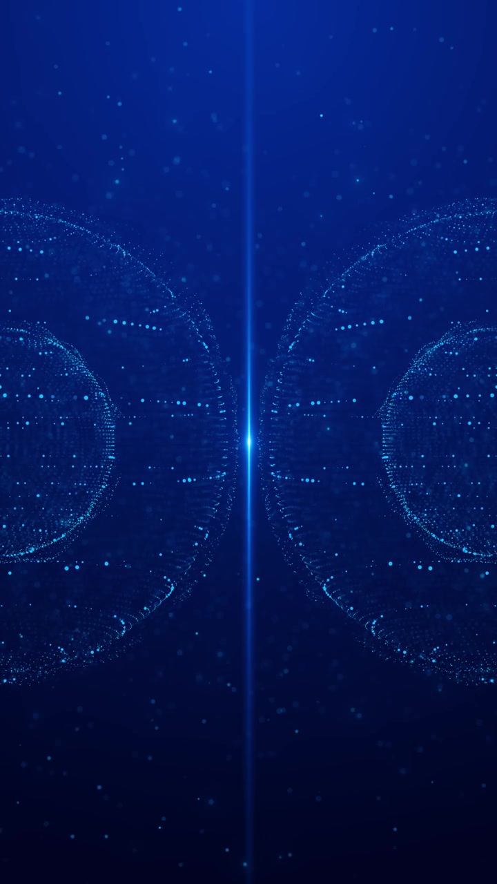 Blue digital sphere connection background dotted globe forms central light flare floating particles