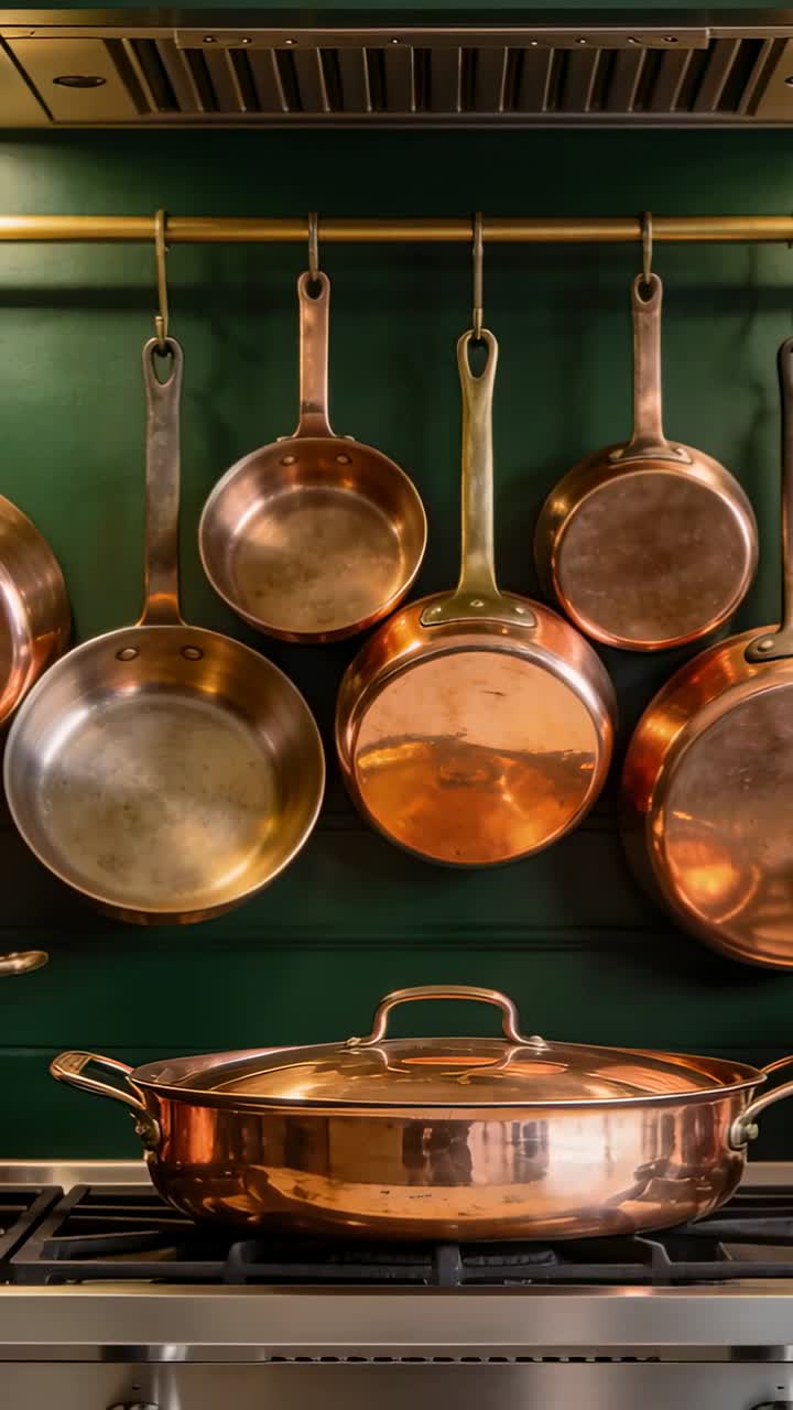 Vertical video: Pulling camera back showing hanging copper pans, braiser on range exposing patina
