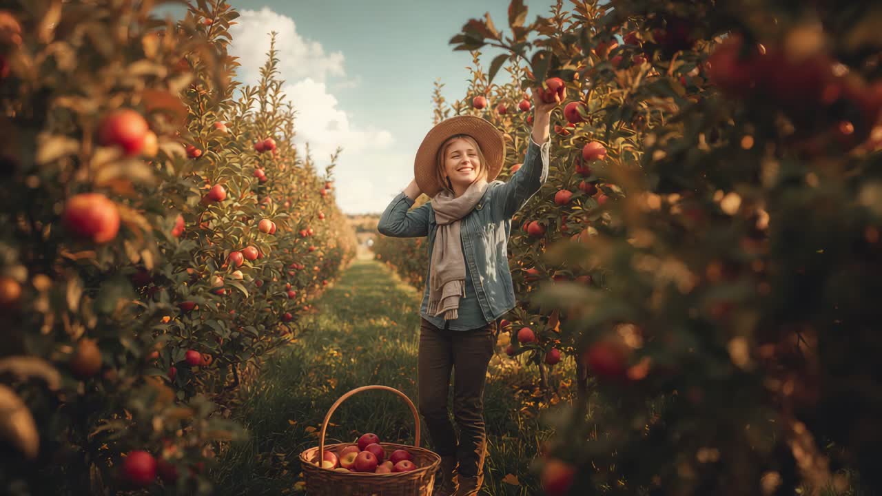 Spotting ripe apple teen wearing straw hat reaching picking fruit in orchard filling woven basket