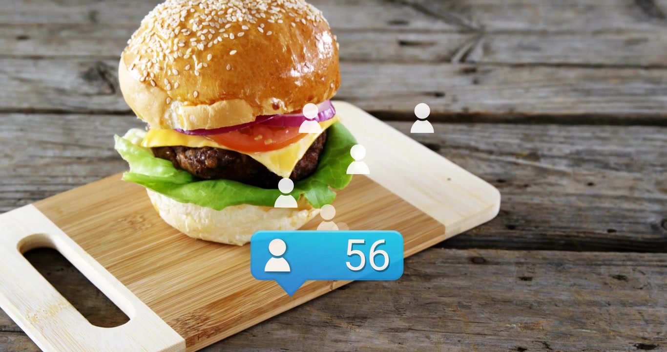 Notification bubble popping confetti, icons rising toward assembling burger, count climbing to 95