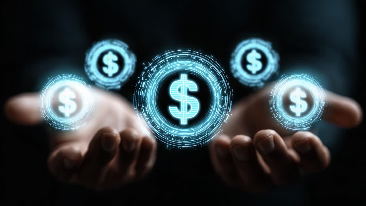 A Digital Representation of Financial Prosperity with Hands Cradling Holographic Dollar Symbols, Suggesting Wealth and Modern Financial Technology
