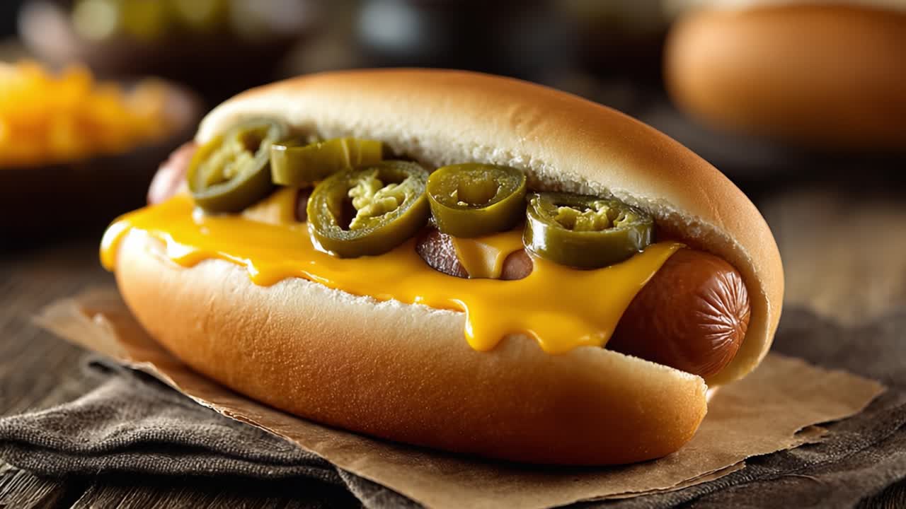 Heerlijk belegde hotdog met romige kaas en pittige jalapeño's, geserveerd op een zacht broodje, perfect voor informele maaltijden en feestelijke bijeenkomsten.